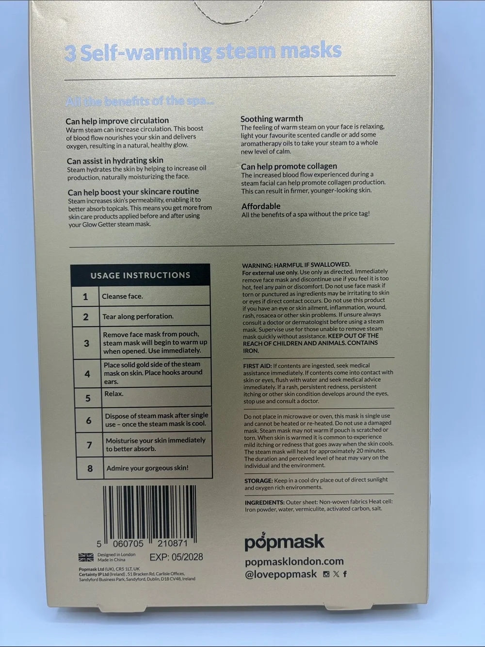 GlowGetter Self-Warming Steam Face Masks — Gold (3 Pack)